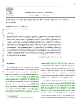 Self-training via Metric Learning for Source-Free Domain Adaptation of
  Semantic Segmentation