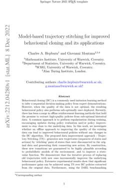 Model-based trajectory stitching for improved behavioural cloning and
  its applications
