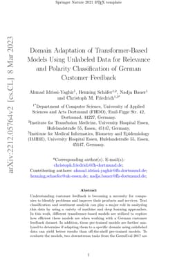 Domain Adaptation of Transformer-Based Models using Unlabeled Data for
  Relevance and Polarity Classification of German Customer Feedback