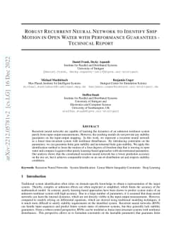 Robust Recurrent Neural Network to Identify Ship Motion in Open Water
  with Performance Guarantees -- Technical Report