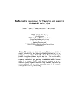 Technological taxonomies for hypernym and hyponym retrieval in patent
  texts