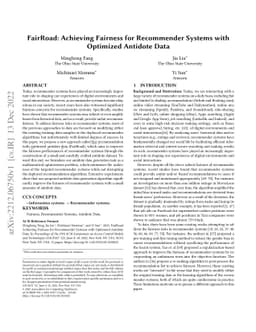FairRoad: Achieving Fairness for Recommender Systems with Optimized
  Antidote Data