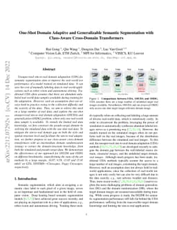 One-Shot Domain Adaptive and Generalizable Semantic Segmentation with
  Class-Aware Cross-Domain Transformers