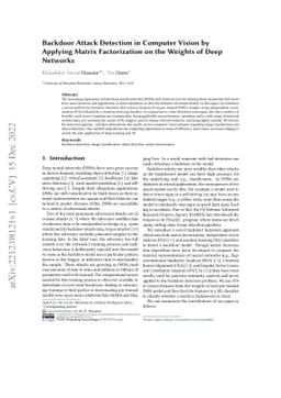 Backdoor Attack Detection in Computer Vision by Applying Matrix
  Factorization on the Weights of Deep Networks