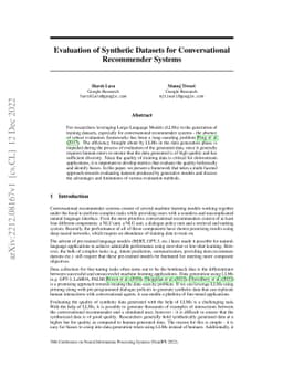 Evaluation of Synthetic Datasets for Conversational Recommender Systems