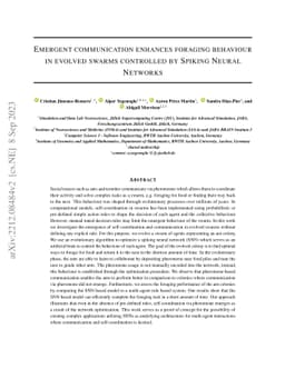 Emergent communication enhances foraging behaviour in evolved swarms
  controlled by Spiking Neural Networks