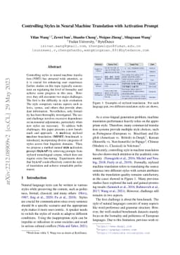Controlling Styles in Neural Machine Translation with Activation Prompt