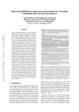 Improving Faithfulness of Abstractive Summarization by Controlling
  Confounding Effect of Irrelevant Sentences
