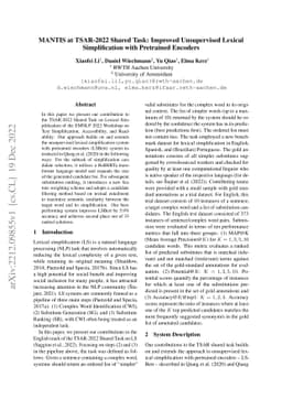 MANTIS at TSAR-2022 Shared Task: Improved Unsupervised Lexical
  Simplification with Pretrained Encoders