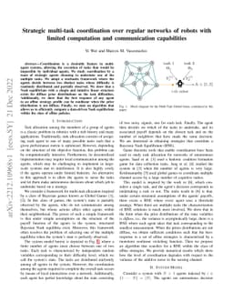 Strategic multi-task coordination over regular networks of robots with
  limited computation and communication capabilities