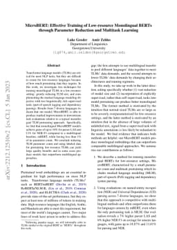 MicroBERT: Effective Training of Low-resource Monolingual BERTs through
  Parameter Reduction and Multitask Learning
