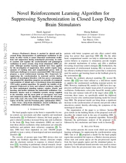 Novel Reinforcement Learning Algorithm for Suppressing Synchronization
  in Closed Loop Deep Brain Stimulators