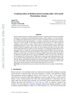 Certifying Safety in Reinforcement Learning under Adversarial
  Perturbation Attacks