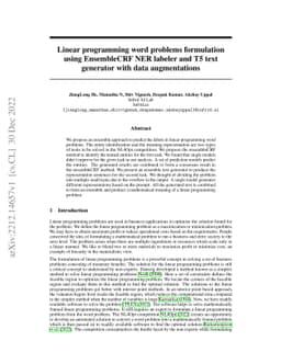 Linear programming word problems formulation using EnsembleCRF NER
  labeler and T5 text generator with data augmentations