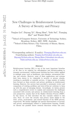 New Challenges in Reinforcement Learning: A Survey of Security and
  Privacy