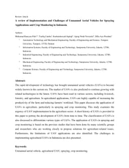 A review of Implementation and Challenges of Unmanned Aerial Vehicles
  for Spraying Applications and Crop Monitoring in Indonesia