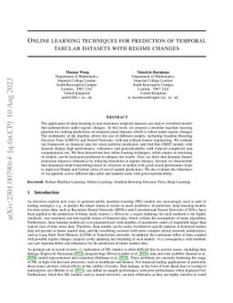 Online learning techniques for prediction of temporal tabular datasets
  with regime changes