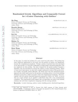 Randomized Greedy Algorithms and Composable Coreset for k-Center
  Clustering with Outliers