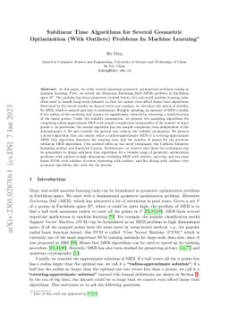 Sublinear Time Algorithms for Several Geometric Optimization (With
  Outliers) Problems In Machine Learning