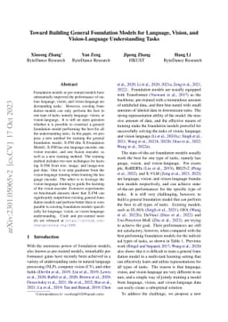 Toward Building General Foundation Models for Language, Vision, and
  Vision-Language Understanding Tasks