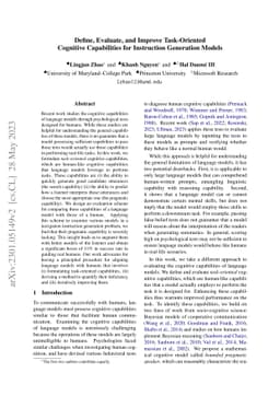 Define, Evaluate, and Improve Task-Oriented Cognitive Capabilities for
  Instruction Generation Models