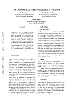 MaNLP@SMM4H22: BERT for Classification of Twitter Posts