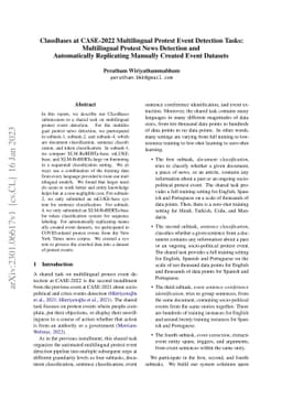ClassBases at CASE-2022 Multilingual Protest Event Detection Tasks:
  Multilingual Protest News Detection and Automatically Replicating Manually
  Created Event Datasets