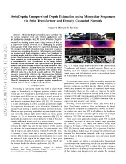 SwinDepth: Unsupervised Depth Estimation using Monocular Sequences via
  Swin Transformer and Densely Cascaded Network