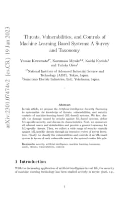 Threats, Vulnerabilities, and Controls of Machine Learning Based
  Systems: A Survey and Taxonomy