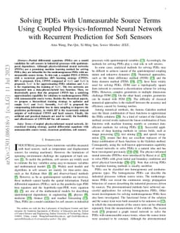 Solving PDEs with Unmeasurable Source Terms Using Coupled
  Physics-Informed Neural Network with Recurrent Prediction for Soft Sensors