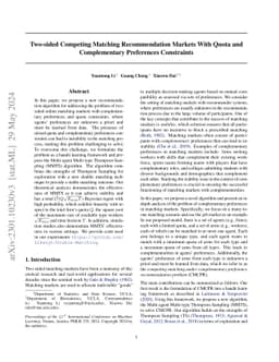 Two-sided Competing Matching Recommendation Markets With Quota and
  Complementary Preferences Constraints
