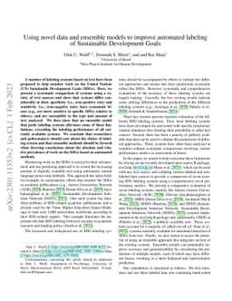 Using novel data and ensemble models to improve automated labeling of
  Sustainable Development Goals