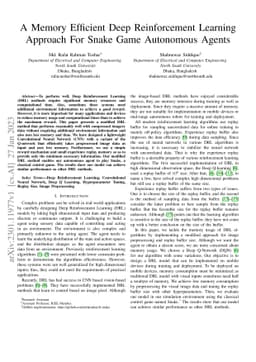 A Memory Efficient Deep Reinforcement Learning Approach For Snake Game
  Autonomous Agents