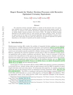 Regret Bounds for Markov Decision Processes with Recursive Optimized
  Certainty Equivalents