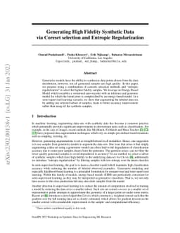 Generating High Fidelity Synthetic Data via Coreset selection and
  Entropic Regularization