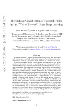 Hierarchical Classification of Research Fields in the "Web of Science"
  Using Deep Learning