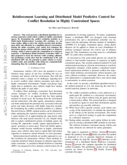 Reinforcement Learning and Distributed Model Predictive Control for
  Conflict Resolution in Highly Constrained Spaces
