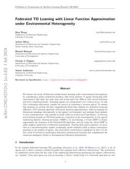 Federated Temporal Difference Learning with Linear Function
  Approximation under Environmental Heterogeneity