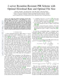 $k$-server Byzantine-Resistant PIR Scheme with Optimal Download Rate and
  Optimal File Size