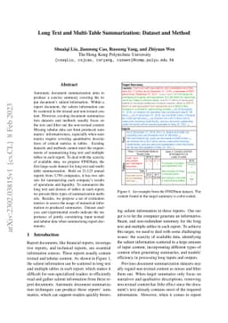 Long Text and Multi-Table Summarization: Dataset and Method