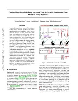Finding Short Signals in Long Irregular Time Series with Continuous-Time
  Attention Policy Networks