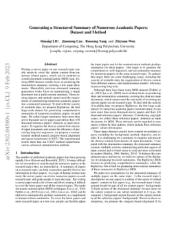 Generating a Structured Summary of Numerous Academic Papers: Dataset and
  Method