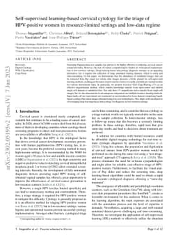 Self-supervised learning-based cervical cytology for the triage of
  HPV-positive women in resource-limited settings and low-data regime