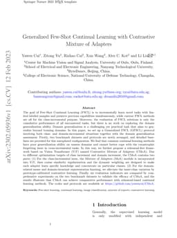 Generalized Few-Shot Continual Learning with Contrastive Mixture of
  Adapters