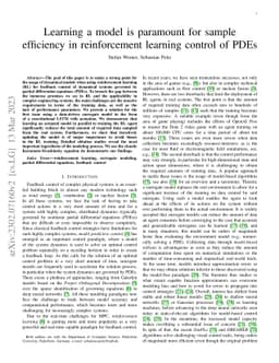 Learning a model is paramount for sample efficiency in reinforcement
  learning control of PDEs