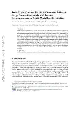 Team Triple-Check at Factify 2: Parameter-Efficient Large Foundation
  Models with Feature Representations for Multi-Modal Fact Verification