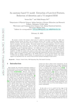 An anatomy-based V1 model: Extraction of Low-level Features, Reduction
  of distortion and a V1-inspired SOM