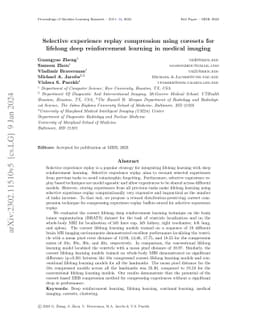 Selective experience replay compression using coresets for lifelong deep
  reinforcement learning in medical imaging