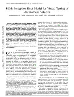PEM: Perception Error Model for Virtual Testing of Autonomous Vehicles