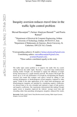 Inequity aversion reduces travel time in the traffic light control
  problem